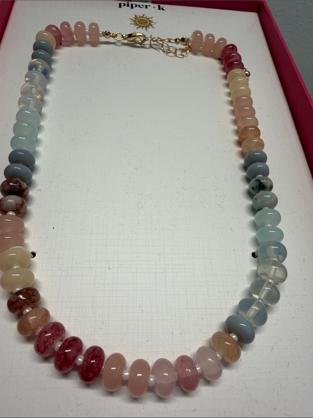 Piper K | Pastel Genuine Stone Beaded Choker Necklace ~ Gold Accent Coastal Boho - Picture 4 of 9